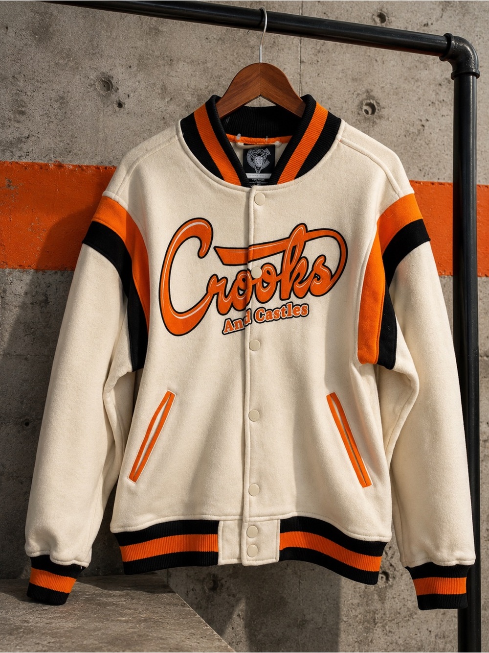 Crooks & Castles Varsity Bomber Jacket Cream Orange Black Men’s Small